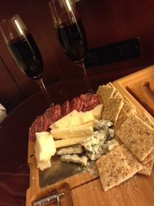 Salami, crackers, wine, and cheese from the Cheese Lady